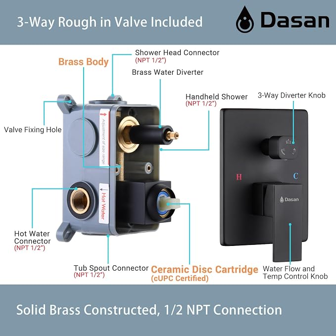 DASAN Full Body Shower System with 6 PCS Body Spray Jets & 12'' Rain Overhead Shower & Handheld, In-Wall Rain Shower System Matte Black Shower Faucets Sets Complete with Valve, SA-SS03AMB-S12W