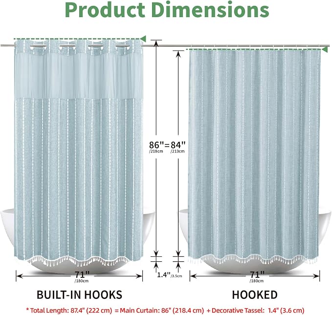 eachope No Hook Extra Long Shower Curtain Set with Snap-in Liner,Linen Textured Thick Striped Fabric with Tassels,Boho Chic Modern Farmhouse Bathroom Curtain,Water-Repellent,Fog Blue,71x86 | 330GSM Thick Linen Textured Striped Fabric with Tassels,Snap-...