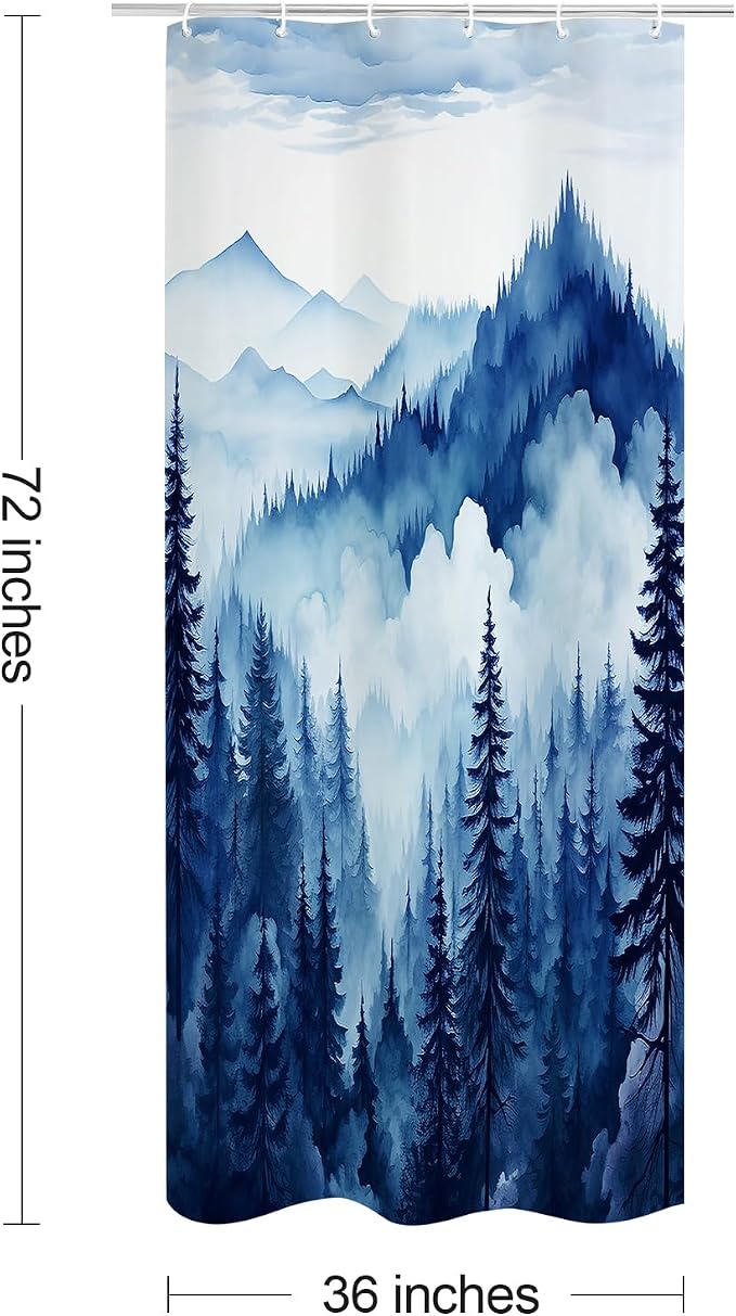 Litabel Navy Blue Small Stall Misty Pine Forest Shower Curtain 36 x 72, Mountain Foggy Woodland Scenery Tree Narrow Half Size Shower Curtains for Bathroom, Abstract Waterproof Nature-Themed Decor