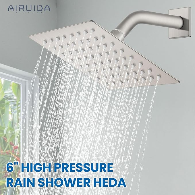 Airuida 6 Inch Shower Faucet Set,Bathtub Faucet Kit,Brushed Nickel | Shower Tub Faucet Set,Male Threads Rough-In Valve,Square Head Shower System