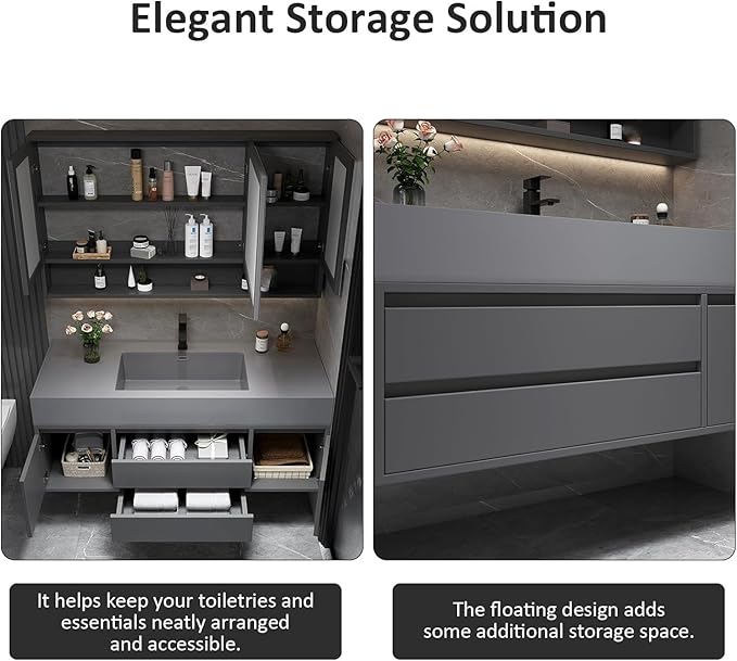 44IN Bathroom Vanity - Modern Floating Vanity with Sink Top, Including Wall Mounted Smart Defogging Mirror, for Bathroom