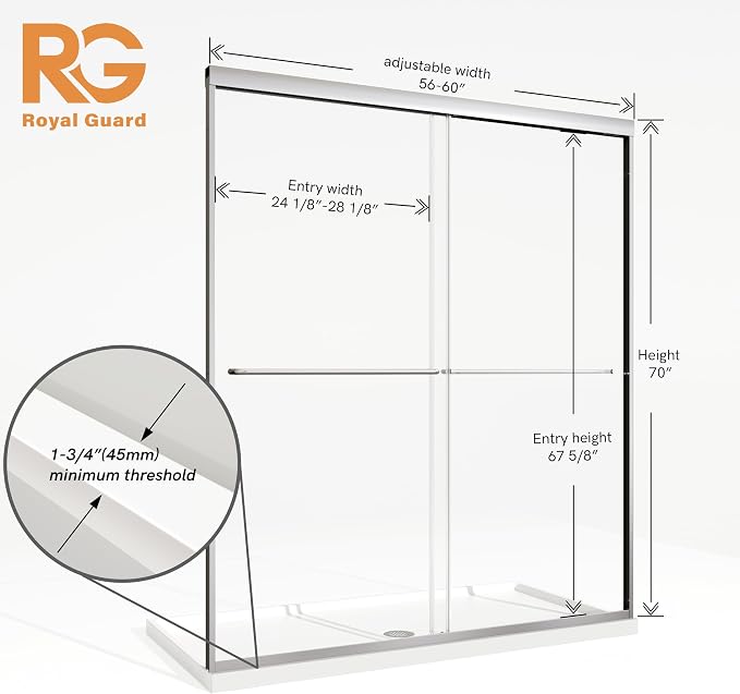 Royal Guard Double Sliding Shower Door,56-60" W x 70" H,Chrome | Shower Doors with 6mm Clear SGCC Tempered Glass,Bypass Shower Enclosure,Nano Coating Easy Clean&Waterproof&Adjustable Width