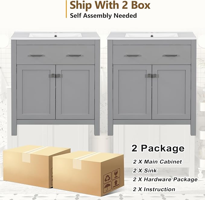 Harper & Bright Designs 60" Bathroom Vanity Set with Double Sink, Vanity Cabinet with Flip Drawer, 2 Doors, and Adjustable Shelf, Solid Wood Bathroom Cabinet with Ceramic Basin for Bathroom, Grey