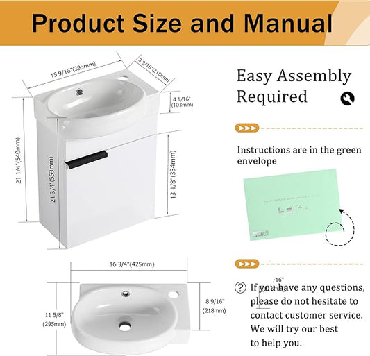 Malwee 16 Inch Floating Bathroom Vanity with Sink, 16'' Wall Mounted Single Sink Bathroom Vanity Combo, Modern White Cabinet Set with 1 Soft Close Door and Ceramics Basin Top,MAF02916-GWH