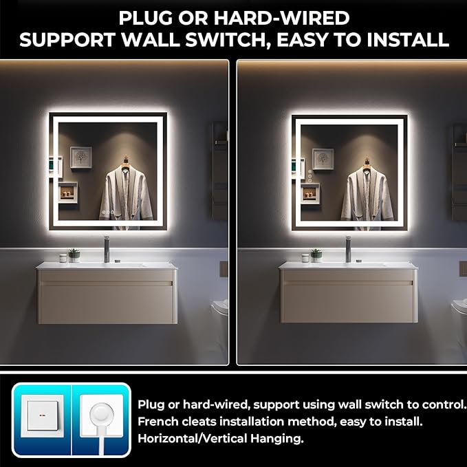 36x36 LED Bathroom Mirror with Lights, Lighted Vanity Mirror | Backlit and Front Light, Anti-Fog, 3 Color Dimmable, Memory, Tempered Glass, IP54 Waterproof, UL Listed