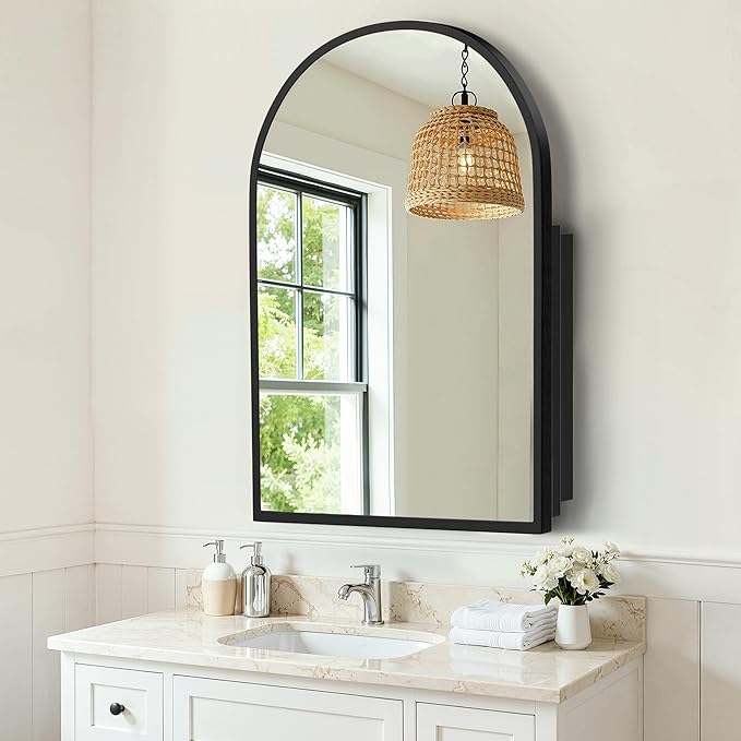Casaphoria 39" H x 30" W Arched Bathroom Medicine Cabinet with Mirror, Metal Frame Wall Medicine Cabinets Mirrors, Wall Mirror Cabinet, Black A