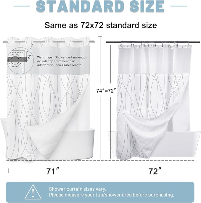 No Hook Shower Curtain with Liner, Grey Shadow, 71 x 74 Inch | Stripe Pattern,Waterproof,Quick Dry,Mesh Top Window,Bottom Magnets,Hotel Style,Machine Washable,Modern,for Bathroom