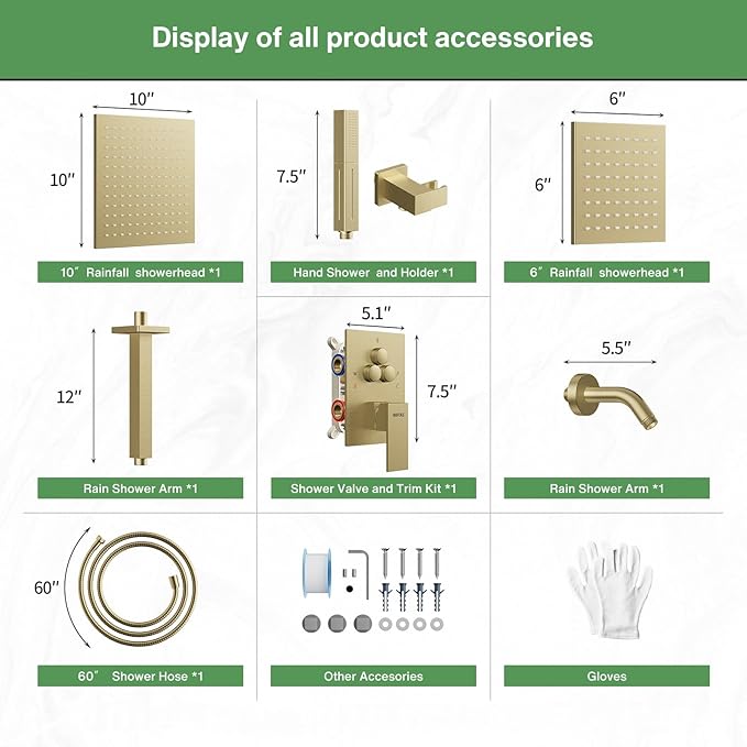 VANFOXLE Shower System Brushed Gold Shower Faucet Set, Push Button Diverter | 10 Inch Ceiling Mount Rain Head Increased Thick, 6 Inch Side Head, 2-in-1 Handheld Sprayer, Solid Brass Valve, Rust Resistant