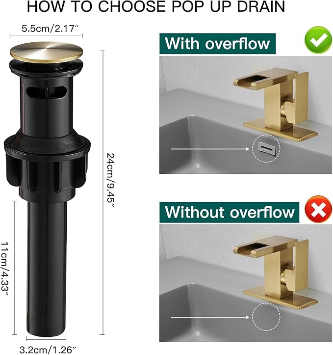 Hoimpro LED Waterfall Bathroom Faucet Brushed Gold, Single Handle Bathroom Sink Faucet 1 Hole, 3 Colors Light Changing, with Pop-up Drain and cUPC Supply Lines, Stainless Steel