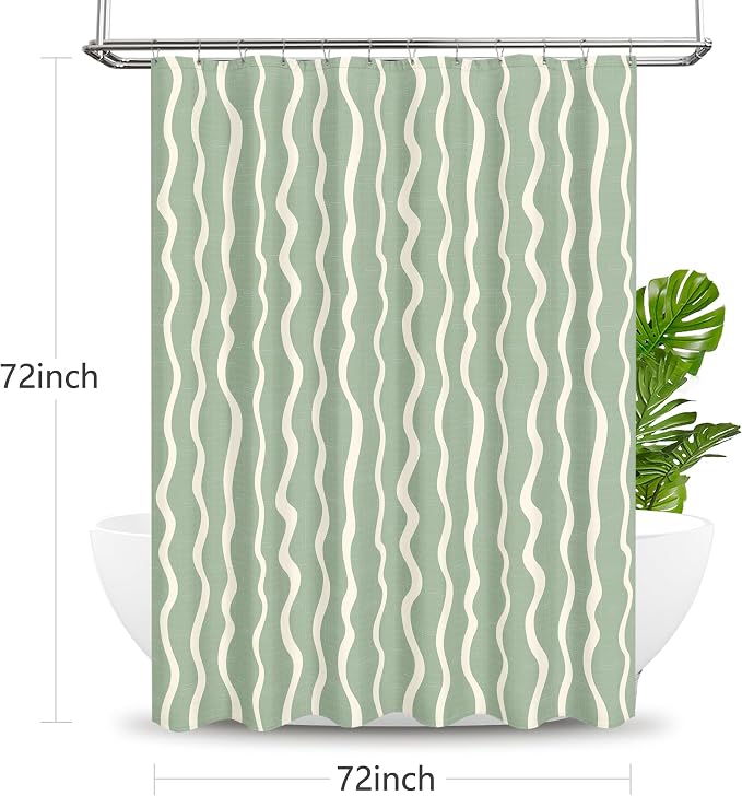 Tititex Cute Curvy Wavy Lines 140gsm Faux Linen Fabric Shower Curtain, Elegant Beige Sage Green Wave Striped Shower Curtain Sets Decoration 72x72 Inch with Hooks