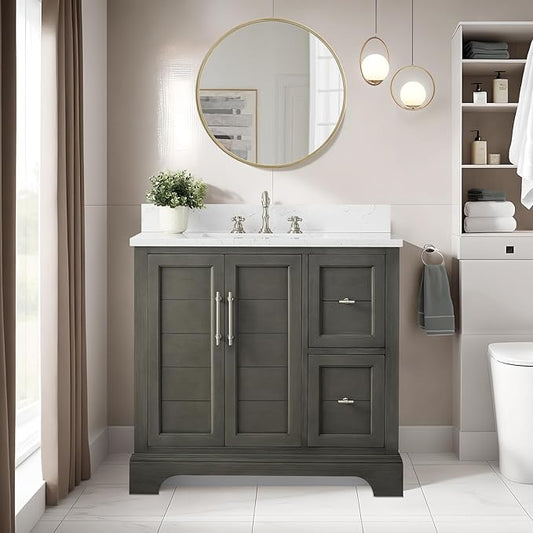 HOMEBEYOND 36 Inch Bathroom Vanity with Single Sink & Ceramic Top, Vanity Cabinet with Center Countertop Basin, Soft-Closing Doors, Backsplash,Sliver Grey
