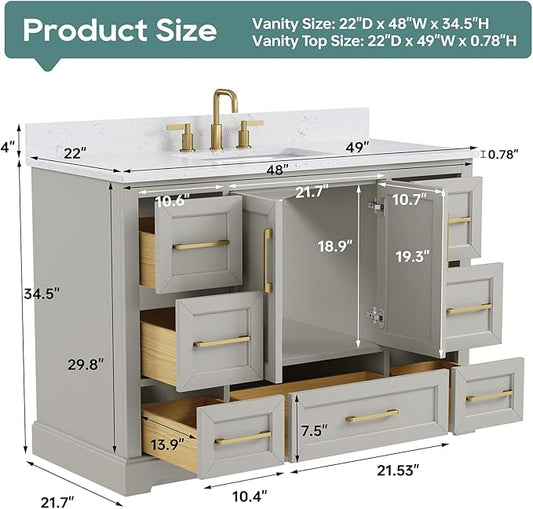 48 Inch Bathroom Vanity with Sink Combo, Solid Wood Frame with Mable Top &Backspalsh, Fully-Assembled with Soft-Closing Doors & 7 Drawers, Greige