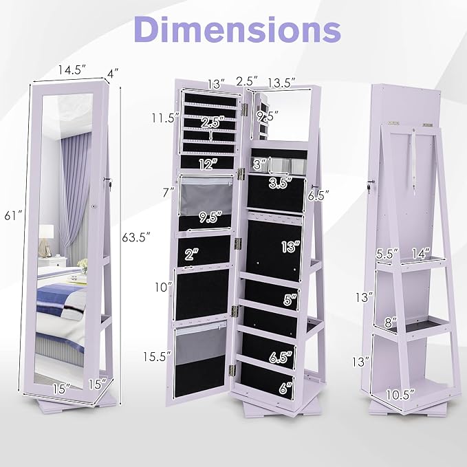 COSTWAY 360 Rotating Jewelry Armoire Cabinet, Standing Jewelry Organizer w/Full-Length Mirror & Large Storage Space, Lockable Mirror Jewelry Cabinet for Girls Women (Lavender)