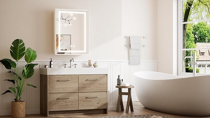 TETOTE 24 x 30 White Led Lighted Medicine Cabinet Mirror with 3-Color Lights, Wall Mount or Recessed Cabinet Mirror for Bathroom with Storage, Tempered Glass, 2 Outlets, Anti-Fog, Adjustable Shelf