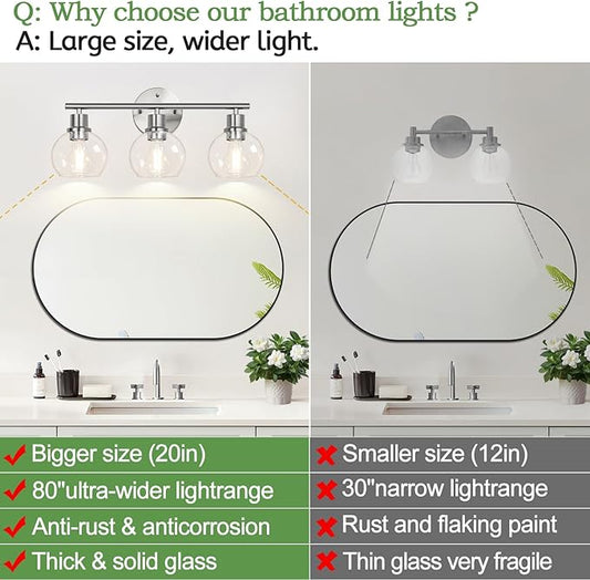 3-Light Bathroom Light Fixtures, Brushed Nickel Modern Vanity Lights Over Mirror with Clear Glass Globe Shade, Bathroom Wall Sconces for Mirror Kitchen Living Room Hallway Cabinet Bedroom Porch