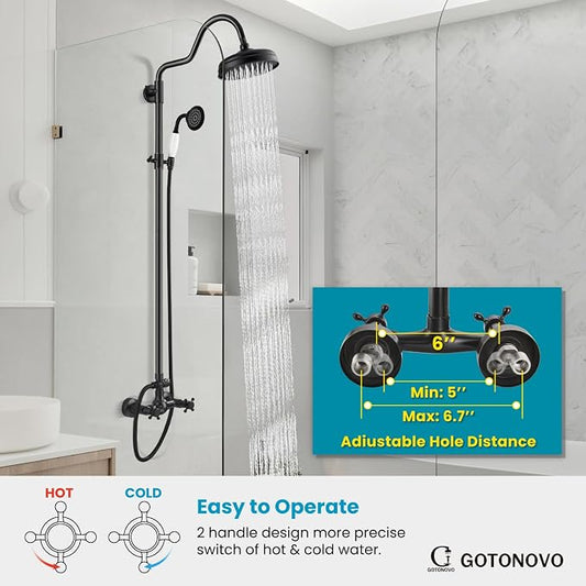 gotonovo Exposed Shower Faucet Set Luxury,Oil Rubbed Bronze,Curved Arc Rod | Bathroom 8” Shower Head with Handheld Spray System Fixtures,Vintage Two Cross Handle,Wall Mount,for 5-6.7" Hole,Adjust Height