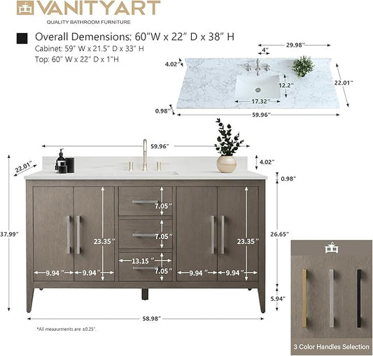 Vanity Art 60 inch Bathroom Vanity with Single Sink & Ceramic Top, Vanity Cabinet with Soft-Closing Doors, Drawers, Solid Wood Frame, Driftwood Gray, VA9060-SDG-BN1