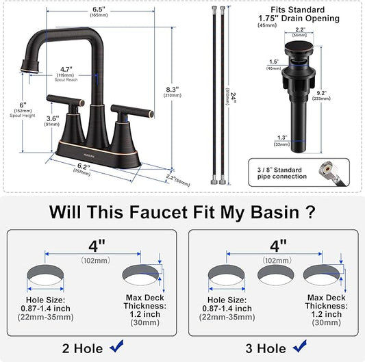 Oil Rubbed Bronze 4 inch Centerset Bathroom Faucet for Sink 2 Hole | Bathroom Sink Faucet with Pop-up Drain and Supply Lines, Stainless Steel 2-Handle Centerset Faucet for Vanity RV Restroom