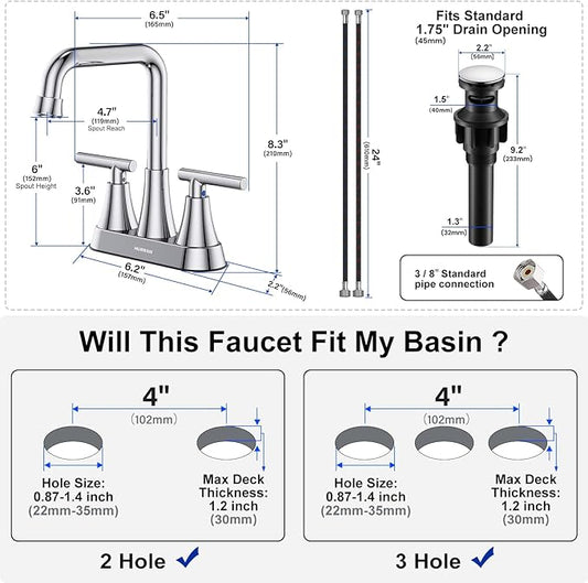 Bathroom Sink Faucet, Hurran 4 inch Chrome Bathroom Faucets for Sink 3 Hole with Pop-up Drain and Supply Hoses, 2-Handle Centerset Faucet for Bathroom Sink Vanity RV Farmhouse, 2 Pack