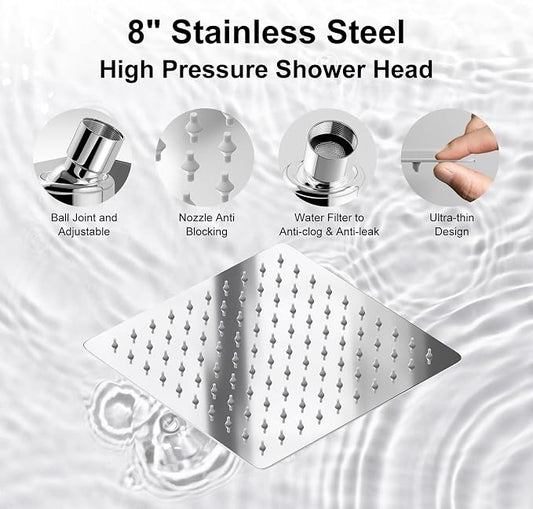 Shower Head with Handheld Spray, 8" High Pressure Rain Shower Head Combo with Adjustable Extension Arm, 5 Spray Modes Dual Showerhead Set, Detachable Handheld Shower, 304 Stainless Steel, Chrome