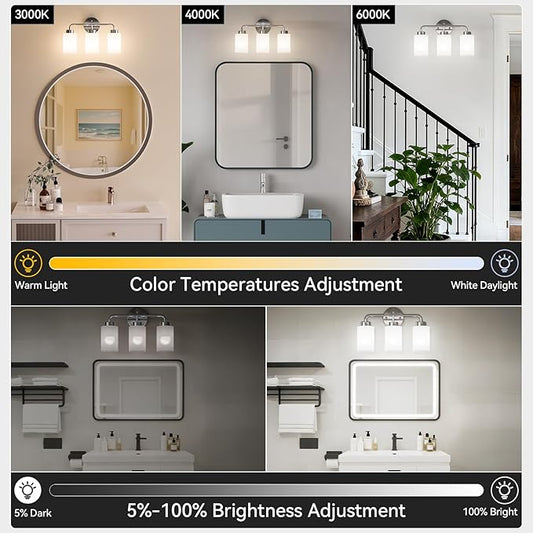 SUNMORY Bathroom Light Fixtures with 3 Stepless Dimmable Bulbs and Remote, 3-Light Modern Vanity Lights with Frosted Glass Shades, Bathroom Wall Lamp for Over Mirror Kitchen Living Room Hallway Porch