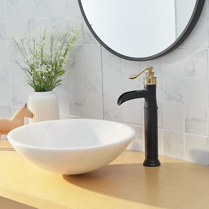 Bathroom Vessel Sink Faucet Waterfall Single Handle Single Hole | Black and Gold,Brass,Pop Up Drain without Overflow,Supply Line,Easy to Clean,Easy Installation,Rust Resistant,Minimalist