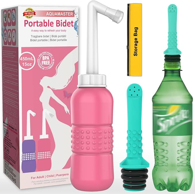 2PCS-Pack Portable Bidet for Travel Bidet Bottle+ Green Pocket Cleaner Backpack Camping Bidets , with Water Seal Cap + Storage Bag ,Peri Bottle for Postpartum Essentials