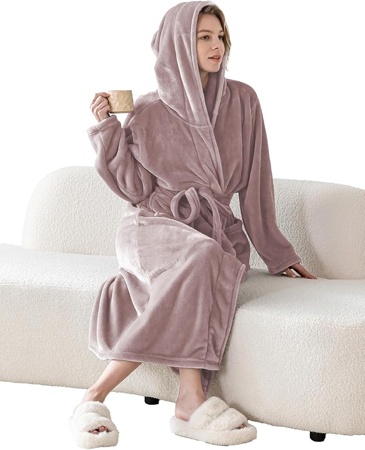 Robes for Women - Hooded Plush Fleece Bathrobe with Sash & Pockets, Full-Length Lightweight Spa Robe