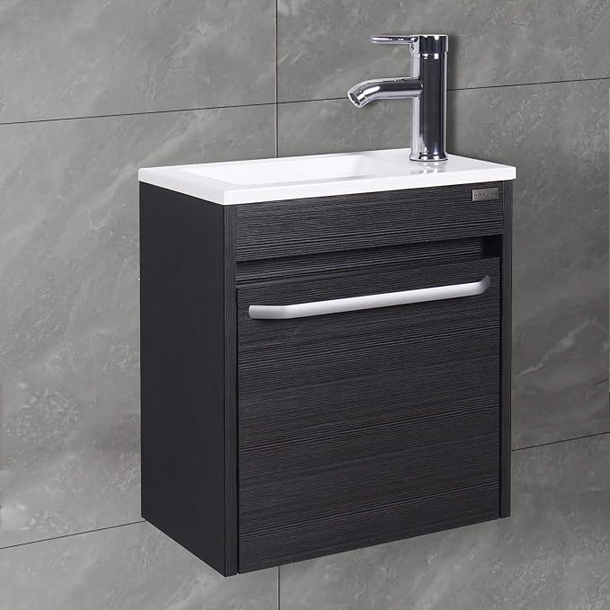 wonline 16” Bathroom Vanity Sink Combo for Small Space Black Wall Mounted Cabinet Set Design White Resin Basin Sink Top Chrome Faucet