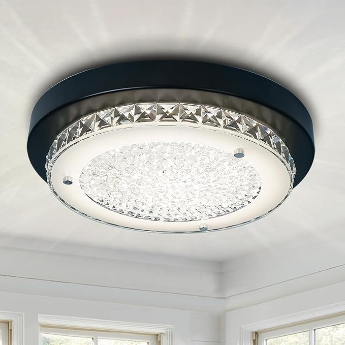 Flush Mount Ceiling Light Fixture 11 Inch Black LED Dimmable Ceiling Lights K9 Crystal Round Light Fixtures Ceiling Mount for Bedroom Bathroom Kitchen