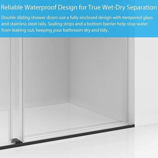 Frameless Shower Bathtub Doors 56-60”W×59”H, Double Sliding Glass Shower Doors, Square Stainless Steel Track, 6mm Tempered Glass, Matte Black