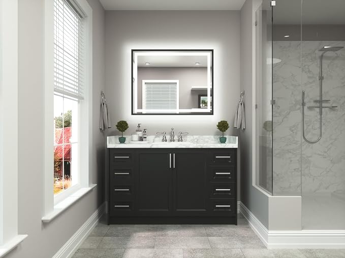40 x 32 Led Mirror Brushed Black Metal Frame Frontlit & Backlit Vanity Mirror Anti-Fog Stepless Dimmable 3 Colors White/Warm/Natural Wall Mirror with Lights Wall-Mounted