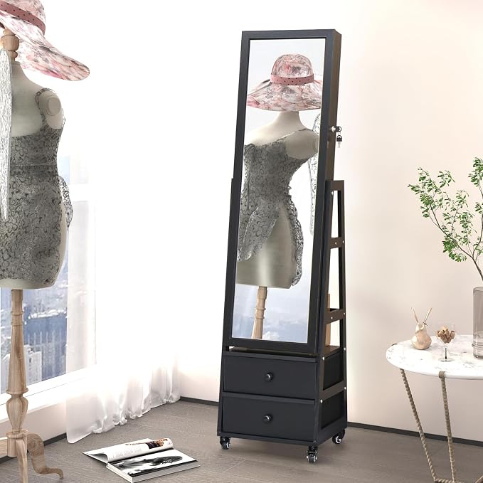 Standing Jewelry Armoire Cabinet Lockable Full Length Mirror with Drawer | Jewelry Organizer Armoire with Wheels,Floor Mirror with Back Storage Shelves for Bedroom Christmas Gift for Friend Black