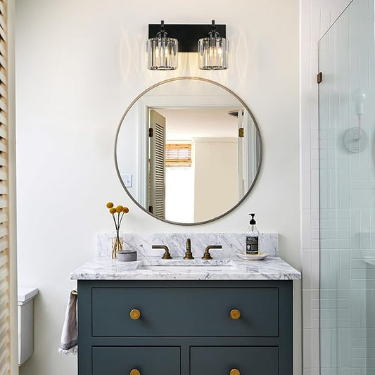 Black Crystal Bathroom Vanity Lights, Modern 2-Lights Bathroom Lighting Fixtures Over Mirror, Crystal Wall Lighting with Round Shade
