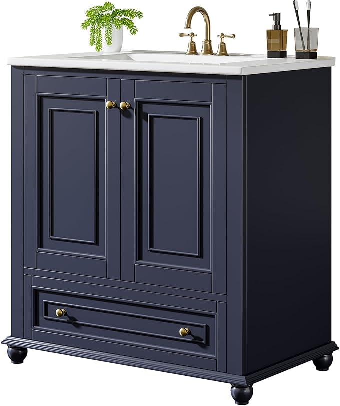 Tribesigns 30" Bathroom Vanity with Ceramic Sink Combo, Freestanding Bathroom Storage Vanity Cabinet with 2 Doors & 1 Drawer, Solid Wooden Frame & Coated Surface, Metal Handle, Navy Blue