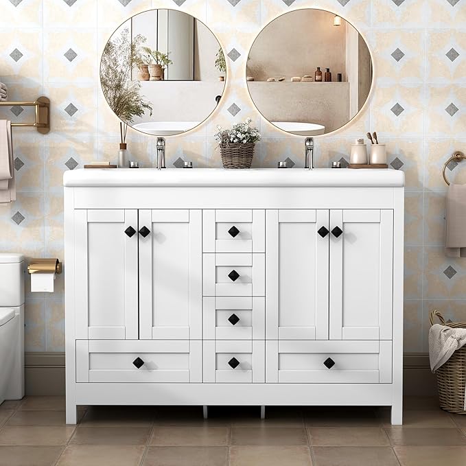 46.7 inch Bathroom Sink Vanity Combo, Large Freestanding Double Bath Vanity Sink Set with 2 Cabinets & 6 Drawers, Dual Basin Modern Bathroom Storage Cabinet, Modern White