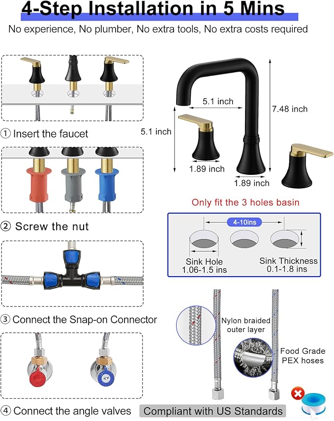 8 Inch Black and Gold Bathroom Faucet Widespread, 360 Degree Swivel Faucet for Bathroom Sink 3 Hole with 2 Handles, Pop-Up Drain & Water Hoses Saving Water