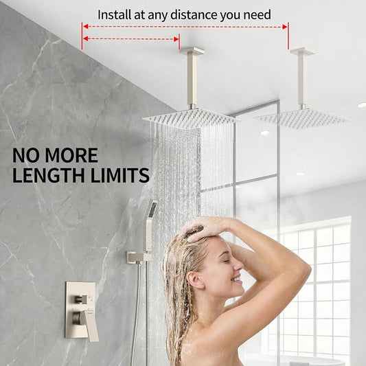 SR SUN RISE Brass 10 Inches Ceiling Mounted Shower System Brushed Nickel Bathroom Luxury Rain Mixer Shower Combo Set Ceiling Install Rainfall Shower Head System