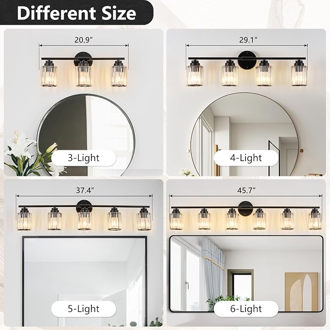 Modern 6-Light Black Vanity Light, 45.7" Crystal Bathroom Light Fixture, Vanity Lights with Clear Crystal Shades, E26 Base Wall Sconces Over Mirror for Bathroom Powder Room