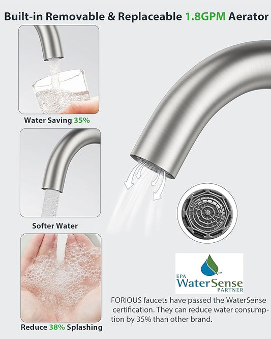 FORIOUS Single Handle Bathroom Sink Faucet 1 or 3 Hole Brushed Nickle, 360° Swivel Gooseneck Spout, Lead-Free, with cUPC Hose and Metal Pop Up Drain, Suitable for Bar Kitchen RV Vanity