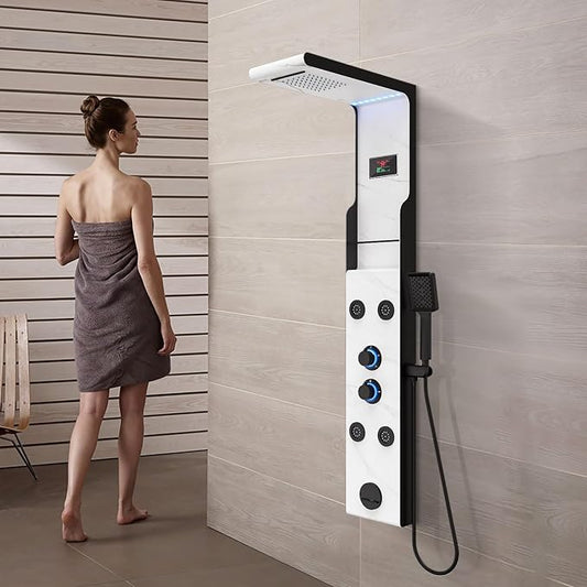 ELLO&ALLO LED Rainfall Shower Head and Rain Massage System with Body Jets Stainless Steel Bathroom Shower Panel Tower System with Shelf, Marble&Black