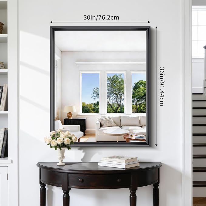 BONEWEI Black Bathroom Mirrors for Wall,30x36 inch Bathroom Mirror Over Sink,Rectangle Metal Framed Vanity Mirror Wall Mounted for Bedroom Living Room,Entryway Hangs Horizontal or Vertical Decor
