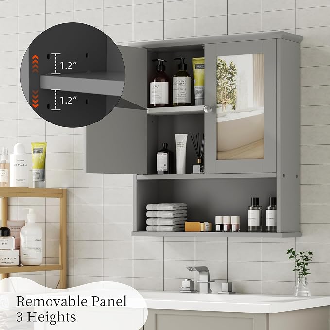 Shintenchi Bathroom Medicine Cabinet with Mirror, Wall Mounted, Gray | Over The Toilet Cupboard, Adjustable Shelf, Open & Concealed Storage, 2 Magnet Doors, Space-Saving, Easy to Clean