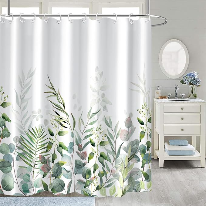 AWERT Shower Curtain Plants for Bathroom,Waterproof Quick-Drying Green Leaves Shower Curtain Set with Hooks 60x72 Inch