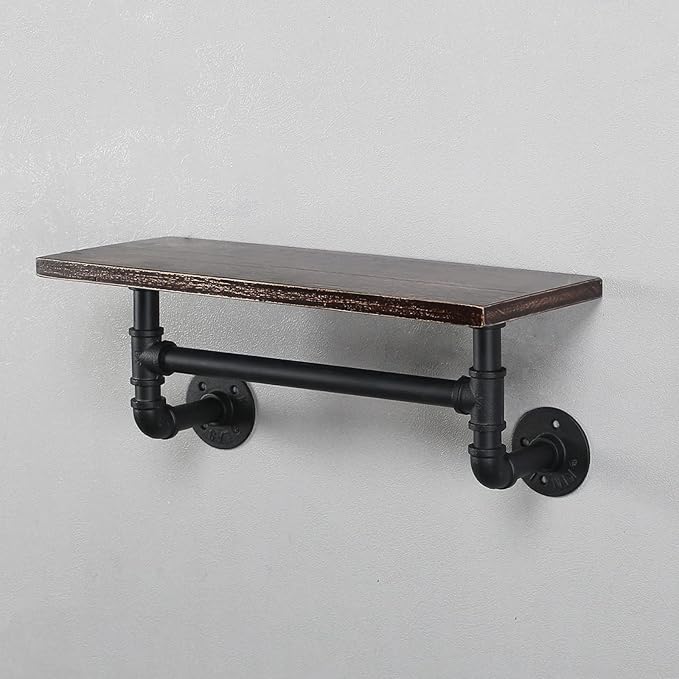 Industrial Pipe Shelf Bathroom Shelves Wall Mounted,19.6in Rustic Wood Shelf with Towel Bar,1 Tier Farmhouse Towel Rack Over Toilet,Pipe Shelving Floating Shelves Towel Holder,Retro Black
