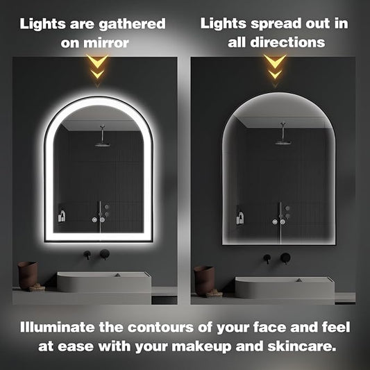 Arched LED Bathroom Mirror, 32"x20" Arch Backlit Vanity Mirror with Lights, Frontlit, Dimmable, 3 Colors, Memory Function, Anti-Fog Smart Mirror, Black Frame, Shatterproof, UL Listed