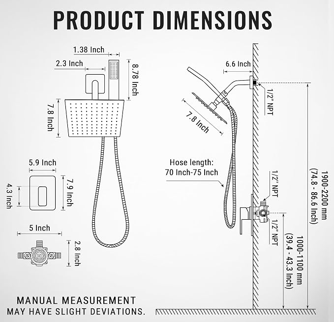G-Promise Rain Shower Head and Handle Set for Modern Bathroom Upgrade | All Metal, Built to Last, Including the Required Accessories, Modern Upgrade, Extra Flexible Long Lose