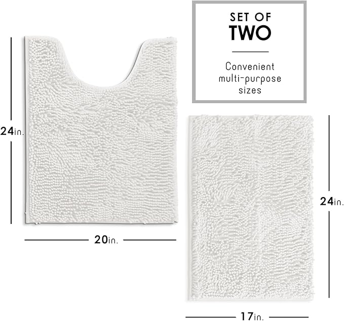 Hearth & Harbor Bathroom Rugs, Chenille Bath Mat - Machine Washable Bath Mats for Bathroom Non-Slip Backing Rubber, Quick Dry Bathroom Mat - White 17x24-20x24