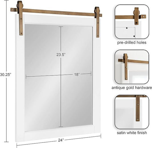 Kate and Laurel Skylan Modern Farmhouse Decorative Wood Framed Wall Mirror; 24 x 30; White and Antique Gold; Barn Door-Inspired Transitional Wall Hanging Mirror for Bathroom or Living Room Uses