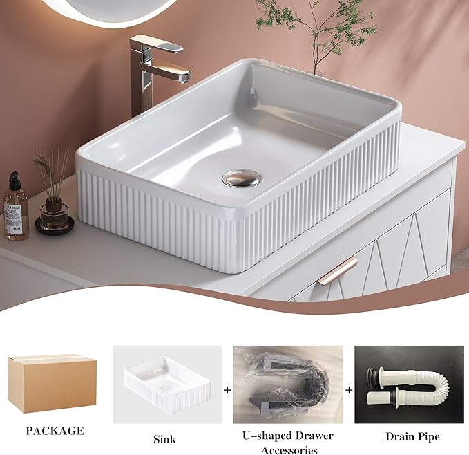 32 inch Bathroom Vanity with Vessel Sink, Wall Mounted Bathroom Cabinet with 2 Soft Closing Drawers, Rose Gold Handle, Solid Wood Countertop, Floating Modern Bathroom Vanity for Small Space, White